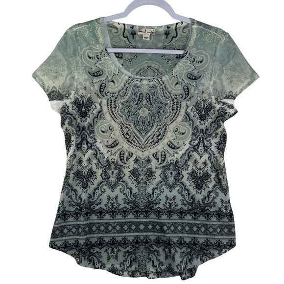 World unity Tops - World Unity Womens Sage Green Navy Paisley Scoop Neck Rhinestone Knit Top Medium